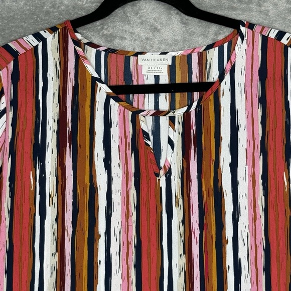 Van Heusen XL Shirt Top Pink Striped Flutter Short Sleeve Keyhole Scoop Neck - Picture 3 of 8